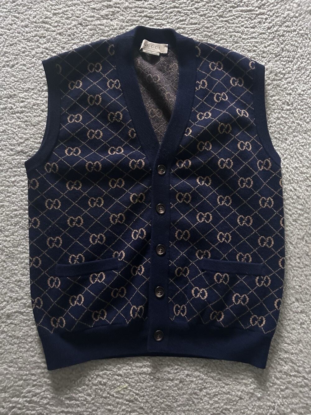 AUTHENTIC GUCCI GG MONOGRAM NAVY GOLD WOOL SWEATER VEST SZ M RARE